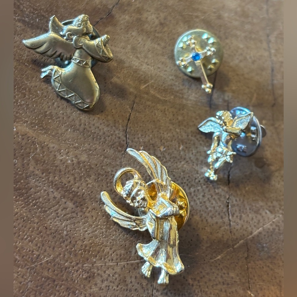 Vintage Gold Tone Angel & Cross Brooch Pin Lot of 5